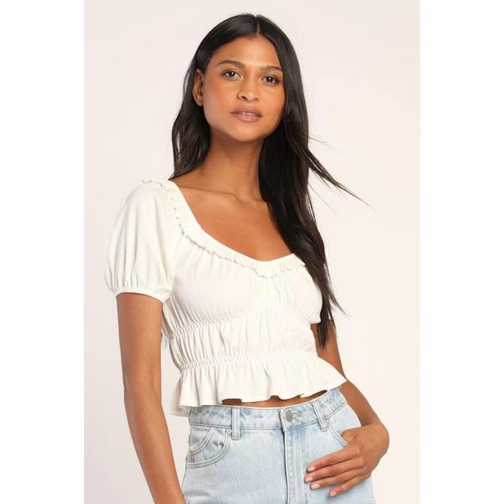 Lulus Sweeten Things Up Ivory Ribbed Smocked Puff Sleeve Crop Top White